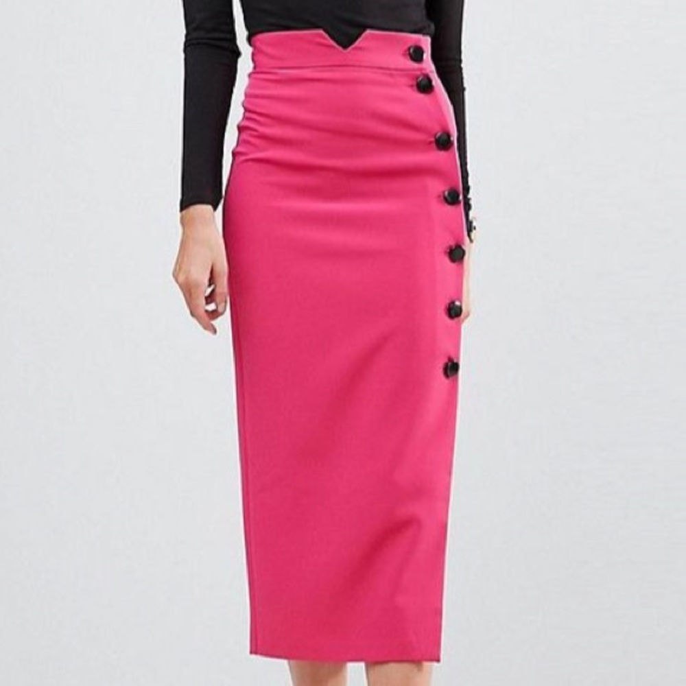 ASOS Magenta Midi Skirt with Black Button Detail
